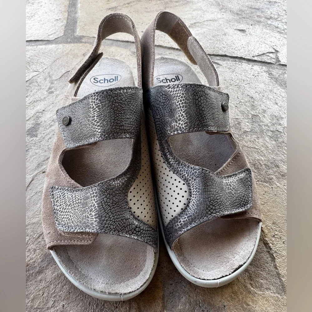 Scholl Comfort Sandals With Velcro Straps Beige Wedge Removable Insole Size 38